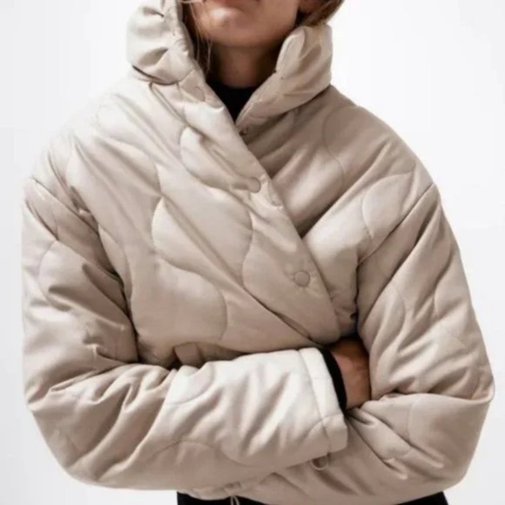 SOLD! NEW Zara Quilted Faux Ecru Leather High Neck Down Puffer Jacket Coat - Picture 4 of 9